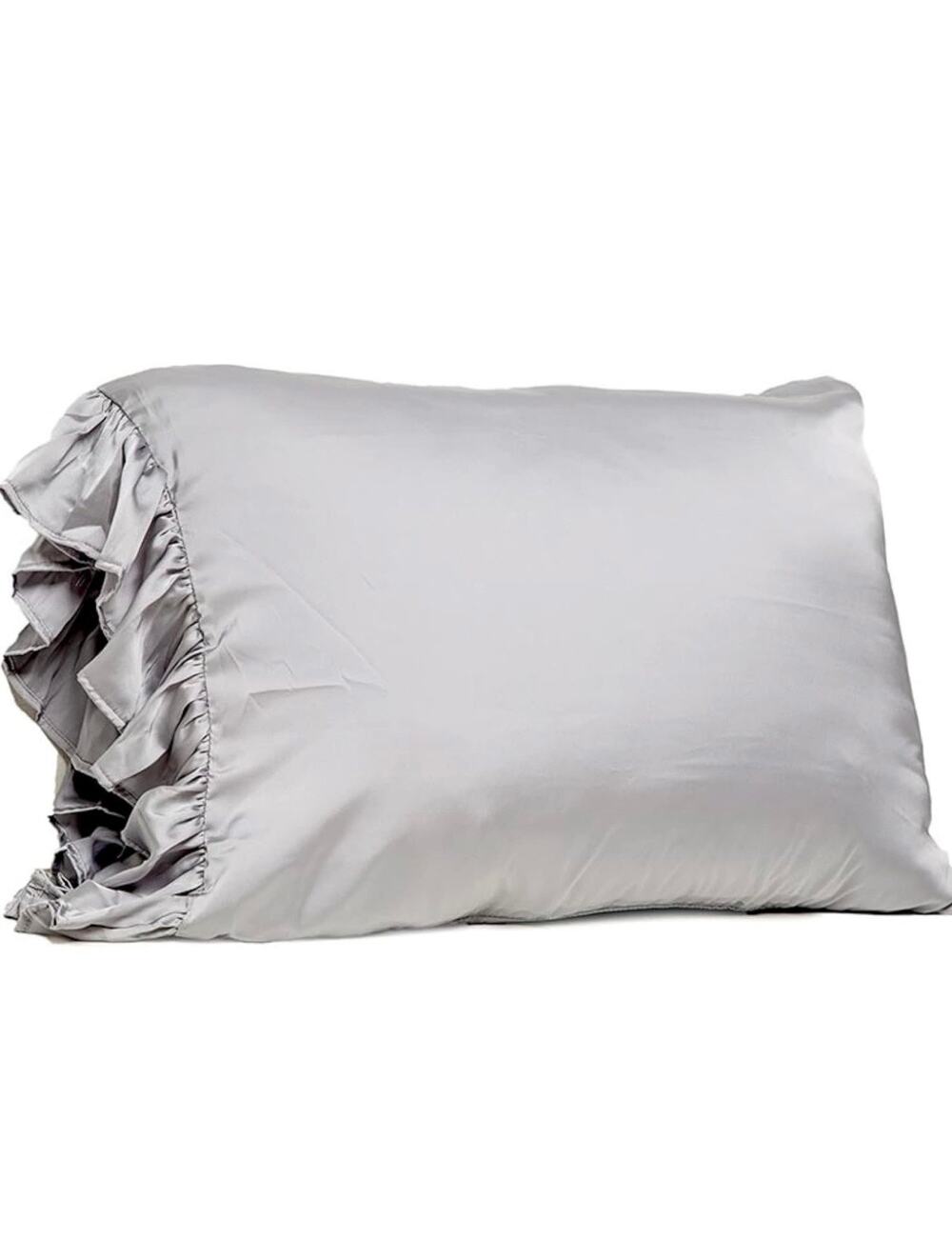 Bella NWT King Silky Gray pillow case with ruffle end & zip closure Luxurious